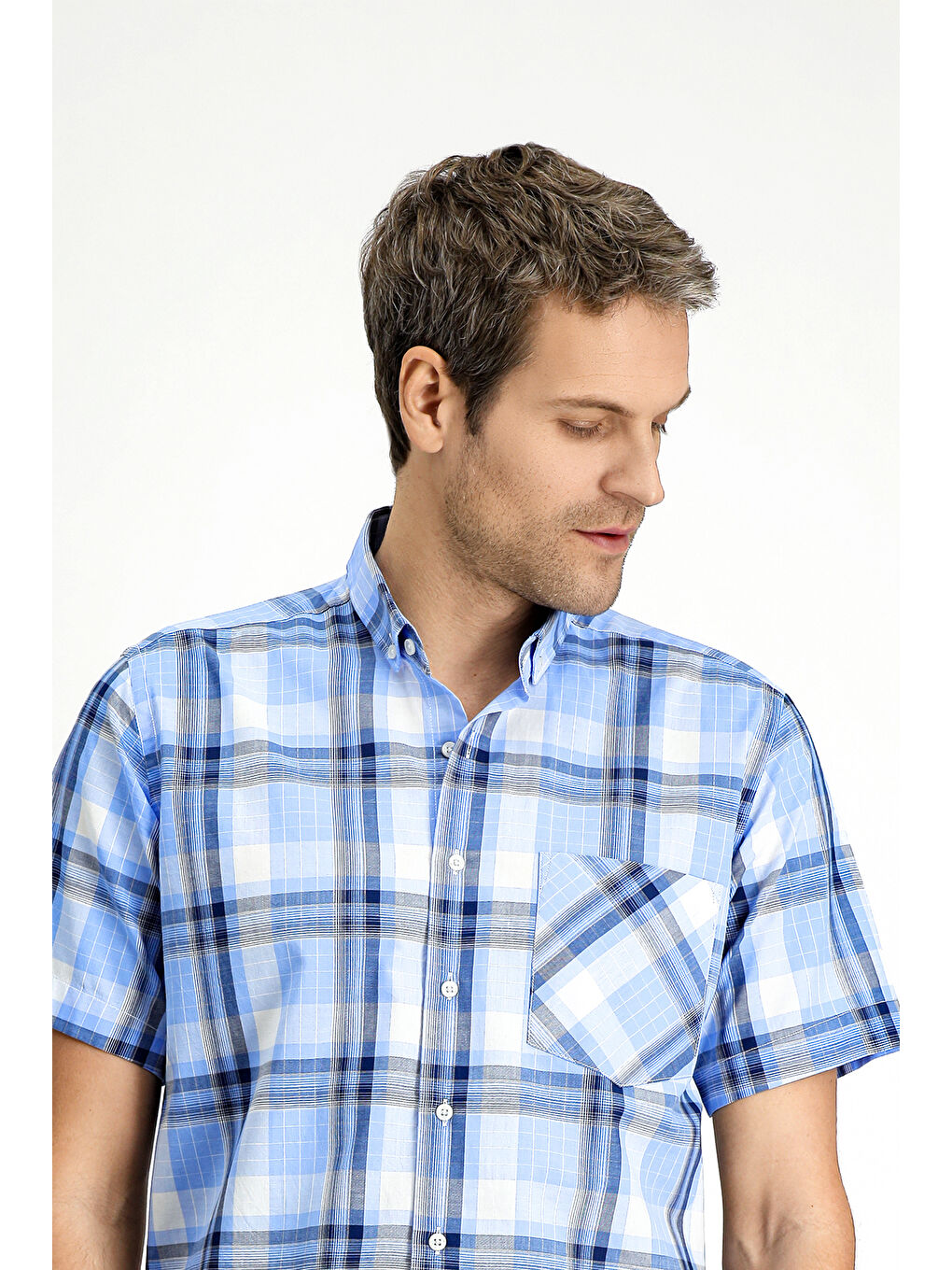 Mavi Kısa Kol Regular Fit Ekose Spor Düğmeli Yaka Pamuk Gömlek