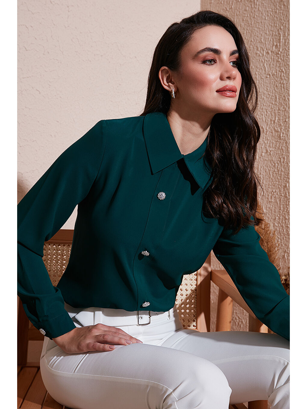 Yeşil Taşlı Regular Fit Gömlek Yaka Fermuarlı Bluz 611Bz0493-1