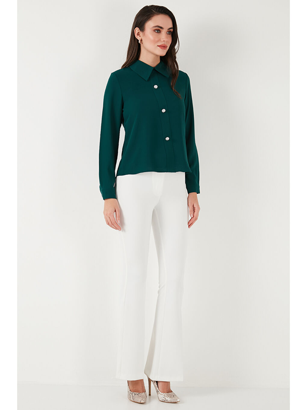 Yeşil Taşlı Regular Fit Gömlek Yaka Fermuarlı Bluz 611Bz0493-2