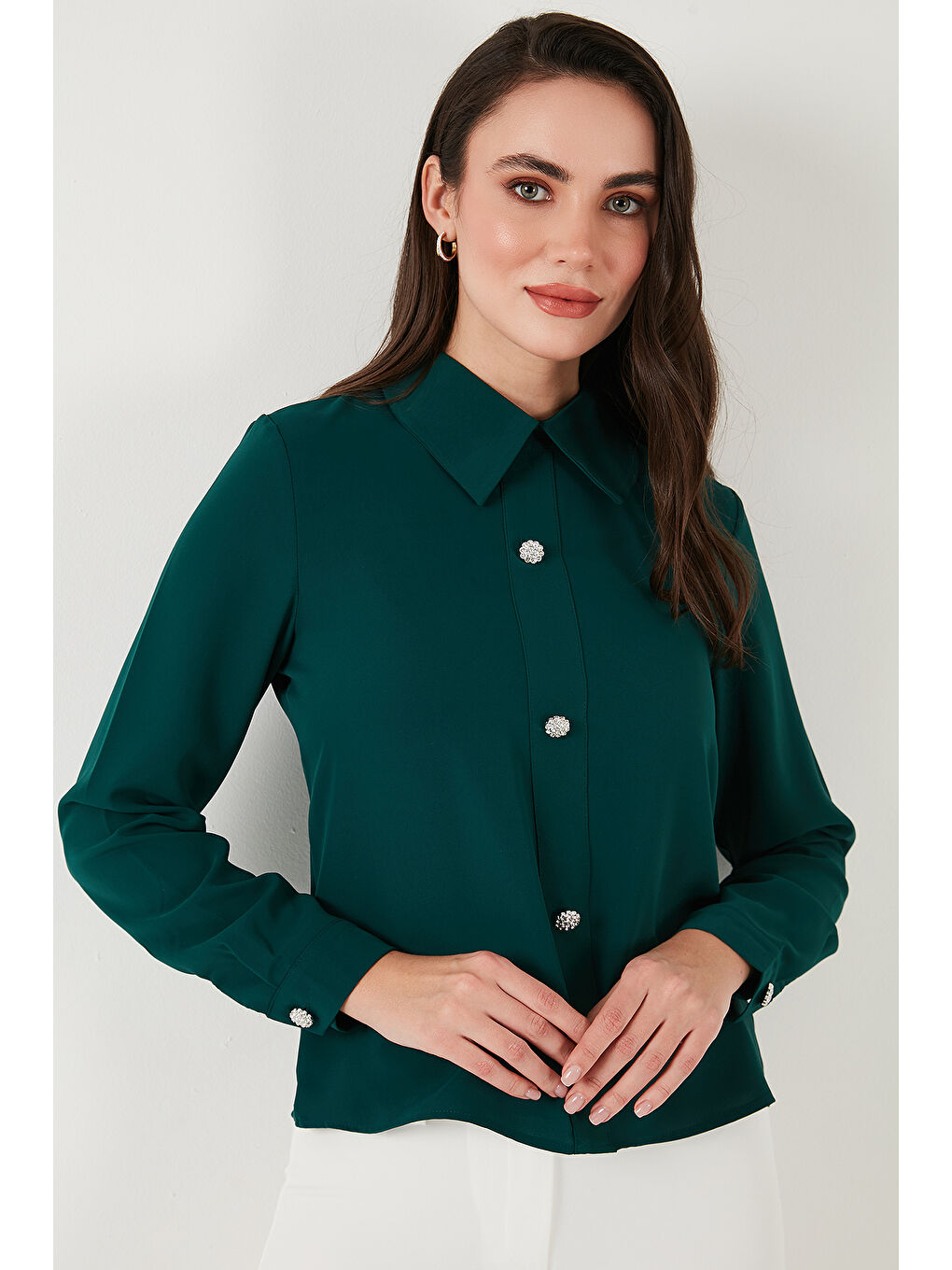 Yeşil Taşlı Regular Fit Gömlek Yaka Fermuarlı Bluz 611Bz0493-3