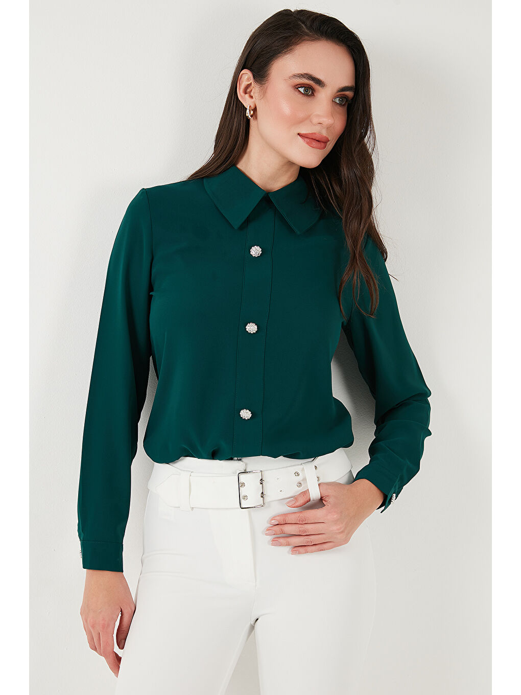 Yeşil Taşlı Regular Fit Gömlek Yaka Fermuarlı Bluz 611Bz0493-4
