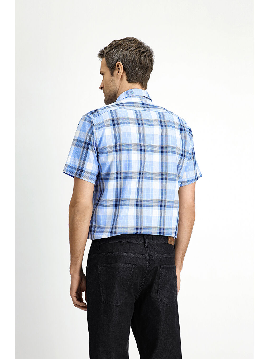 Mavi Kısa Kol Regular Fit Ekose Spor Düğmeli Yaka Pamuk Gömlek-2