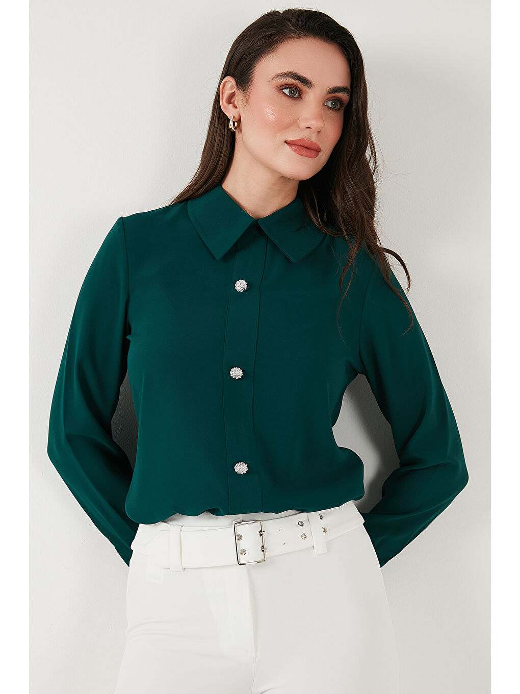 Yeşil Taşlı Regular Fit Gömlek Yaka Fermuarlı Bluz 611Bz0493-5