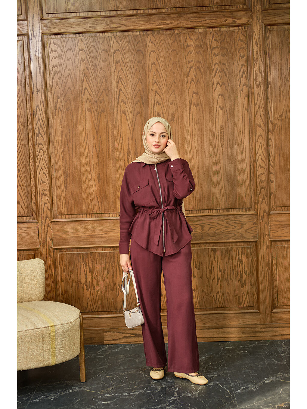 Kadın Fermuarlı İkili Takım Bordo