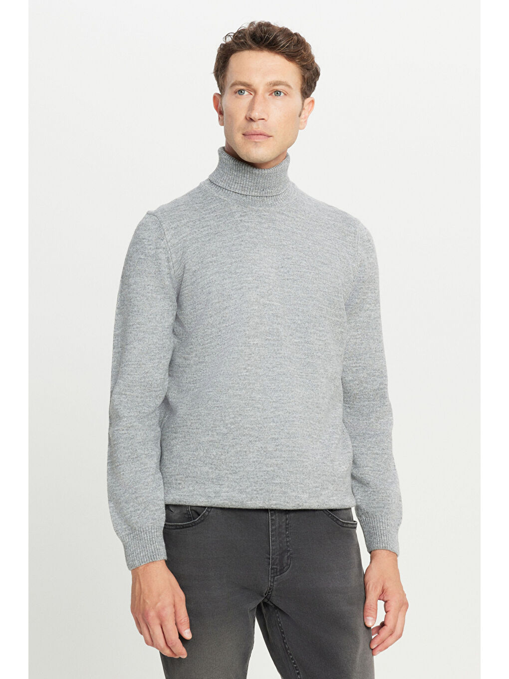 Erkek Açık Gri Standart Fit Normal Kesim Tam Balıkçı Yaka Triko Kazak-2