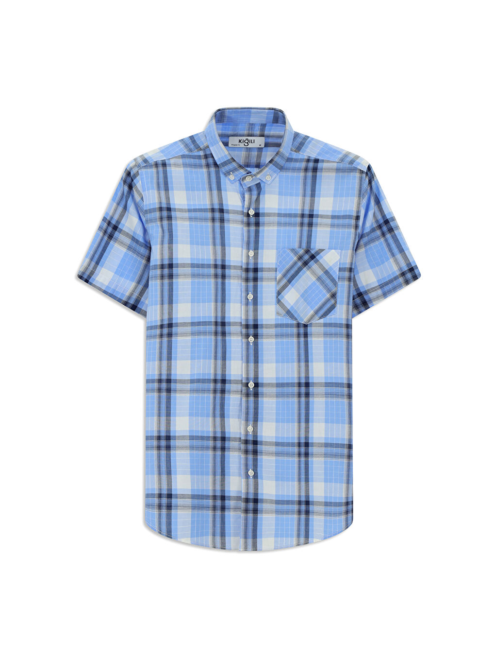 Mavi Kısa Kol Regular Fit Ekose Spor Düğmeli Yaka Pamuk Gömlek-4