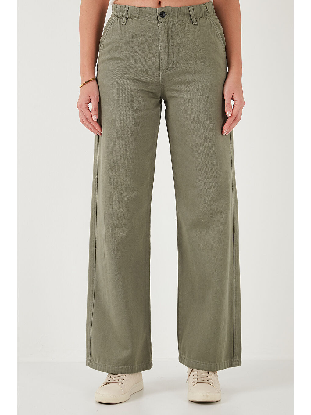 Haki Pamuklu Standart Fit Yüksek Bel Geniş Paça Pantolon 668Yp5344-1