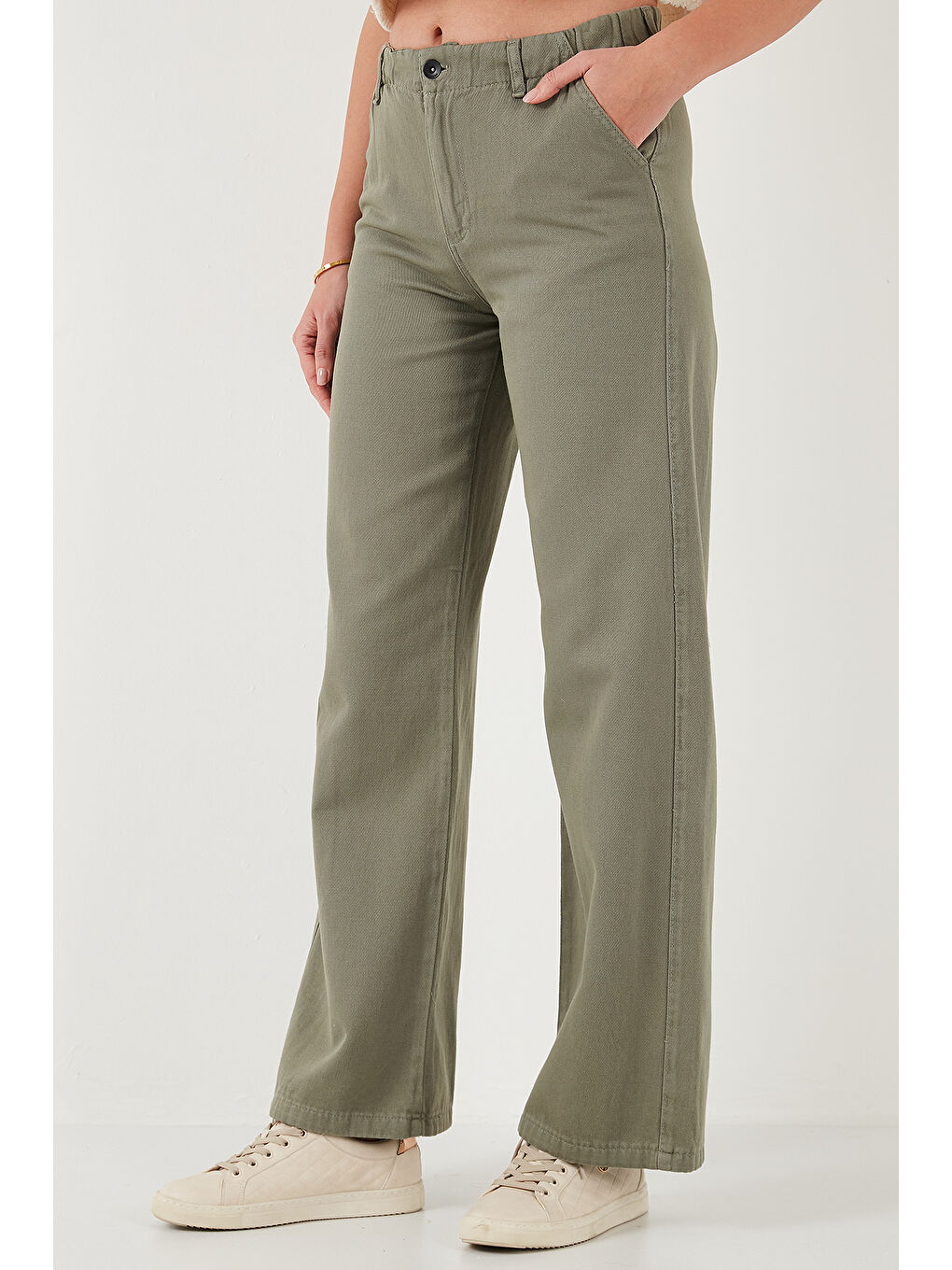 Haki Pamuklu Standart Fit Yüksek Bel Geniş Paça Pantolon 668Yp5344-2