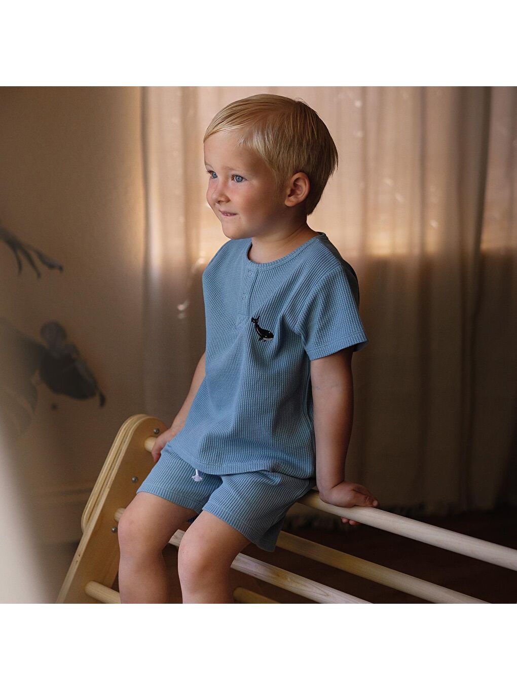 Balina Nakış Mavi Waffle Şortlu Set