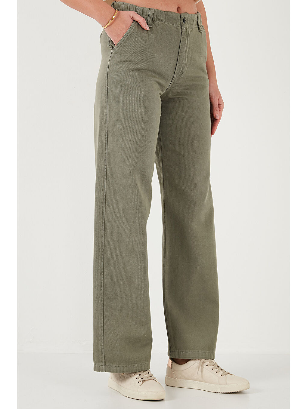 Haki Pamuklu Standart Fit Yüksek Bel Geniş Paça Pantolon 668Yp5344-3