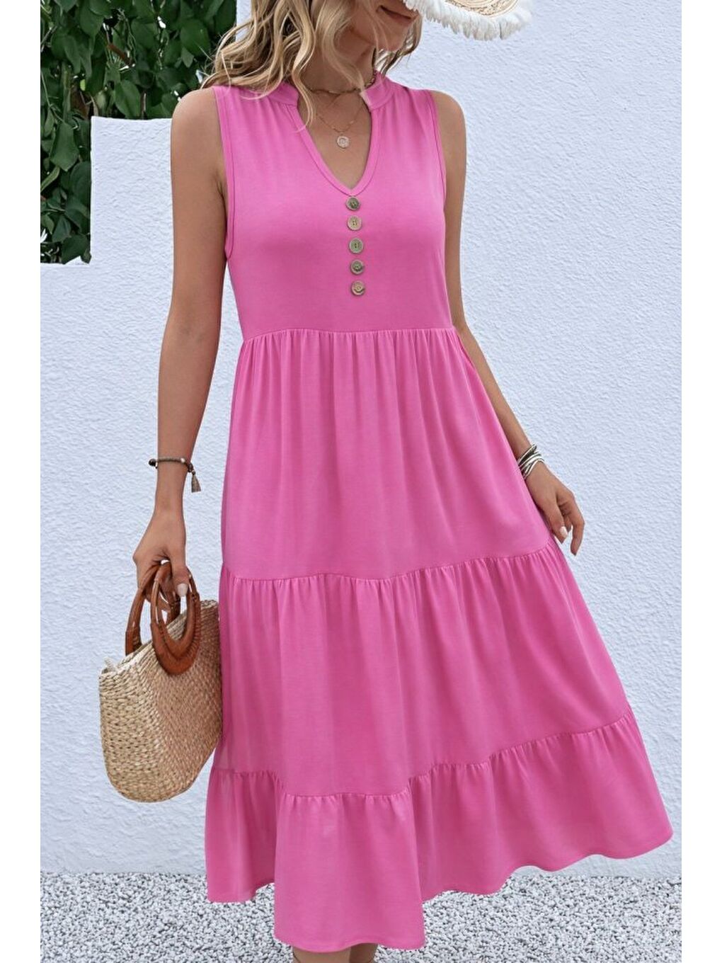 Pembe Kadın Askılı V Yakalı önden Düğmeli Midi Viskon Elbise-1