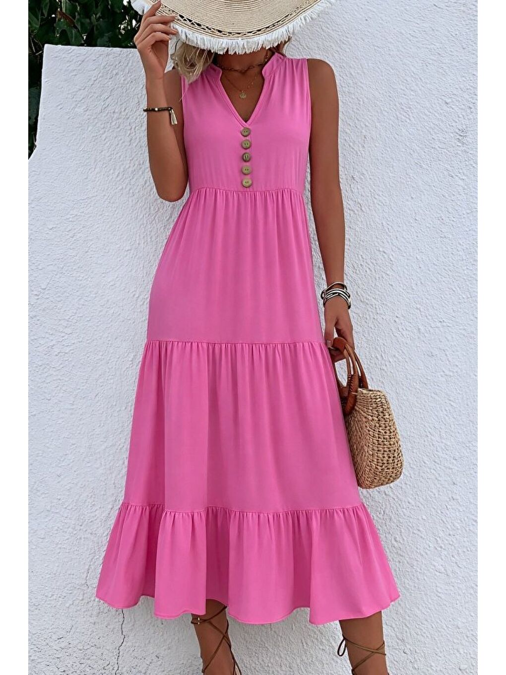 Pembe Kadın Askılı V Yakalı önden Düğmeli Midi Viskon Elbise-2