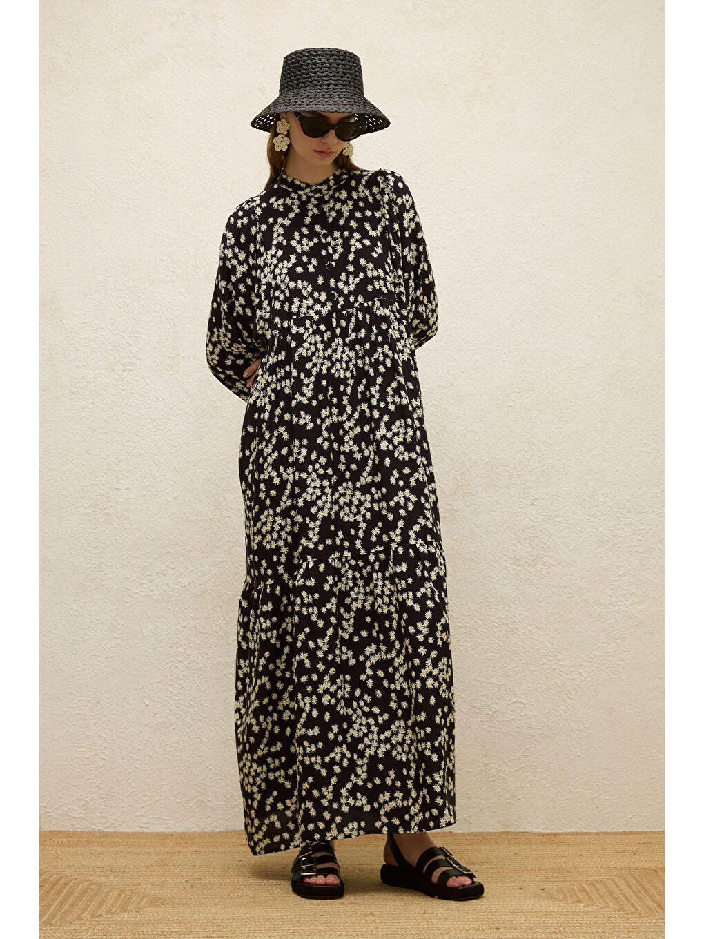 Beyaz Viskon Balon Kol Elbise Papatya-2