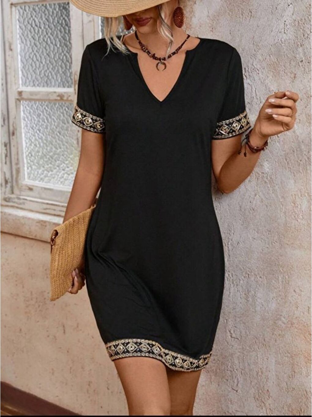 Siyah Şerit Detay V Yaka Yandan Cepli Viskon Elbise-2