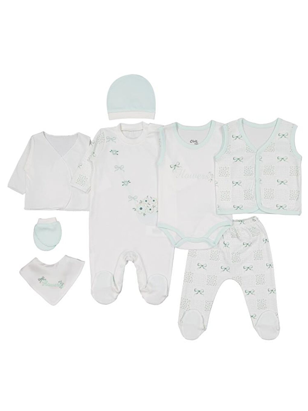Yeşil Baby Çiçek Baskılı 8 Li Zıbın Setleri-1