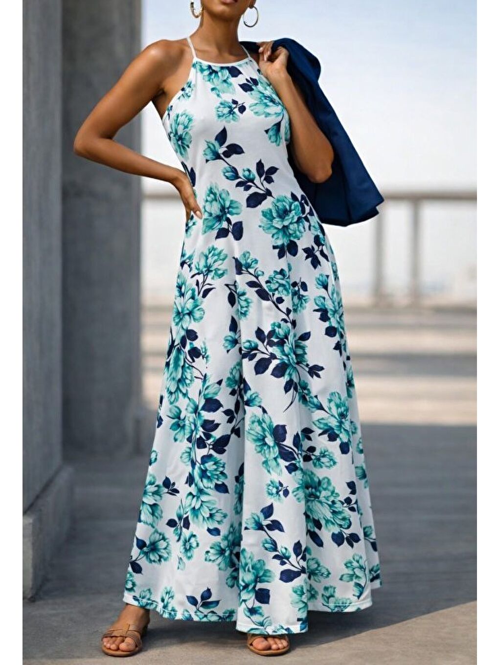 Yeşil Kadın Omuzlardan Açık Ip Askılı Desenli Uzun Süprem Elbise-1