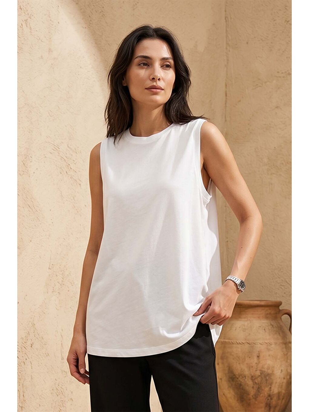 Sıfır Kollu Bambu Bluz 168 Ekru