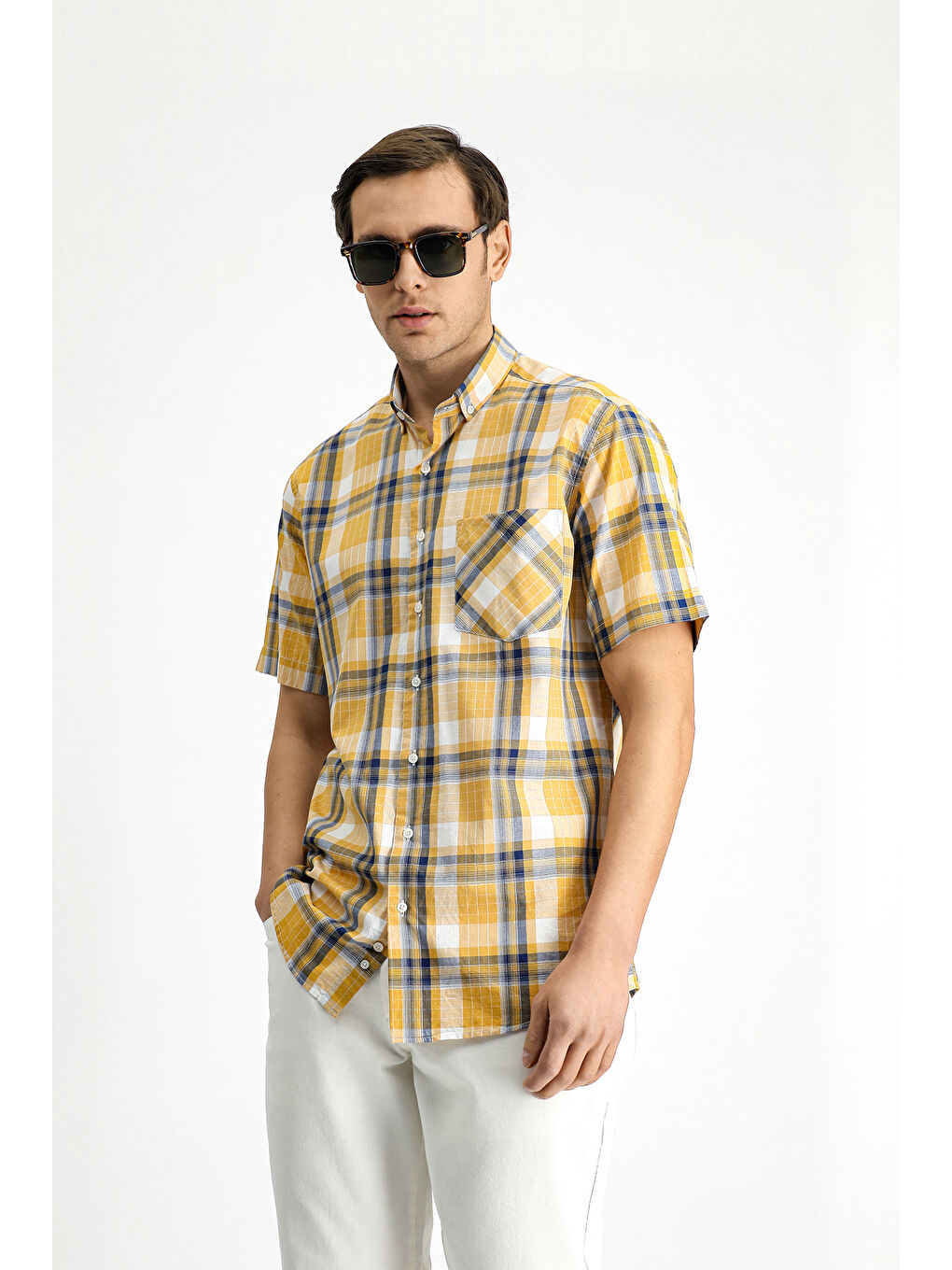 Sarı Kısa Kol Regular Fit Ekose Spor Düğmeli Yaka Pamuk %100 Pamuk Gömlek