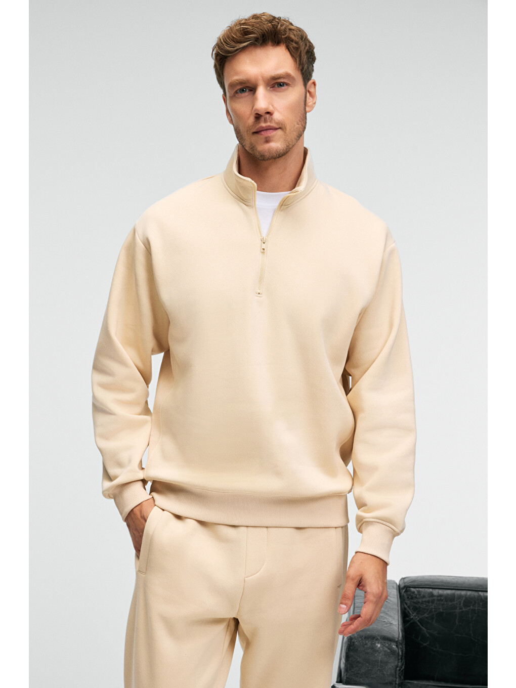 Bej BAXTER Erkek Dik Yakalı Fermuarlı Relaxed VANİLYA Sweatshirt