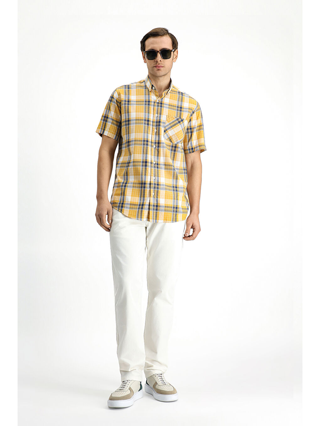 Sarı Kısa Kol Regular Fit Ekose Spor Düğmeli Yaka Pamuk %100 Pamuk Gömlek-1
