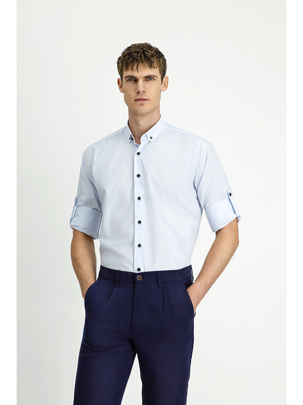 Mavi Uzun Kol Regular Fit Düğmeli Yaka Pamuk Gömlek