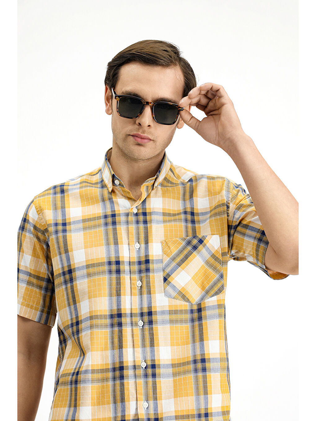 Sarı Kısa Kol Regular Fit Ekose Spor Düğmeli Yaka Pamuk %100 Pamuk Gömlek-2