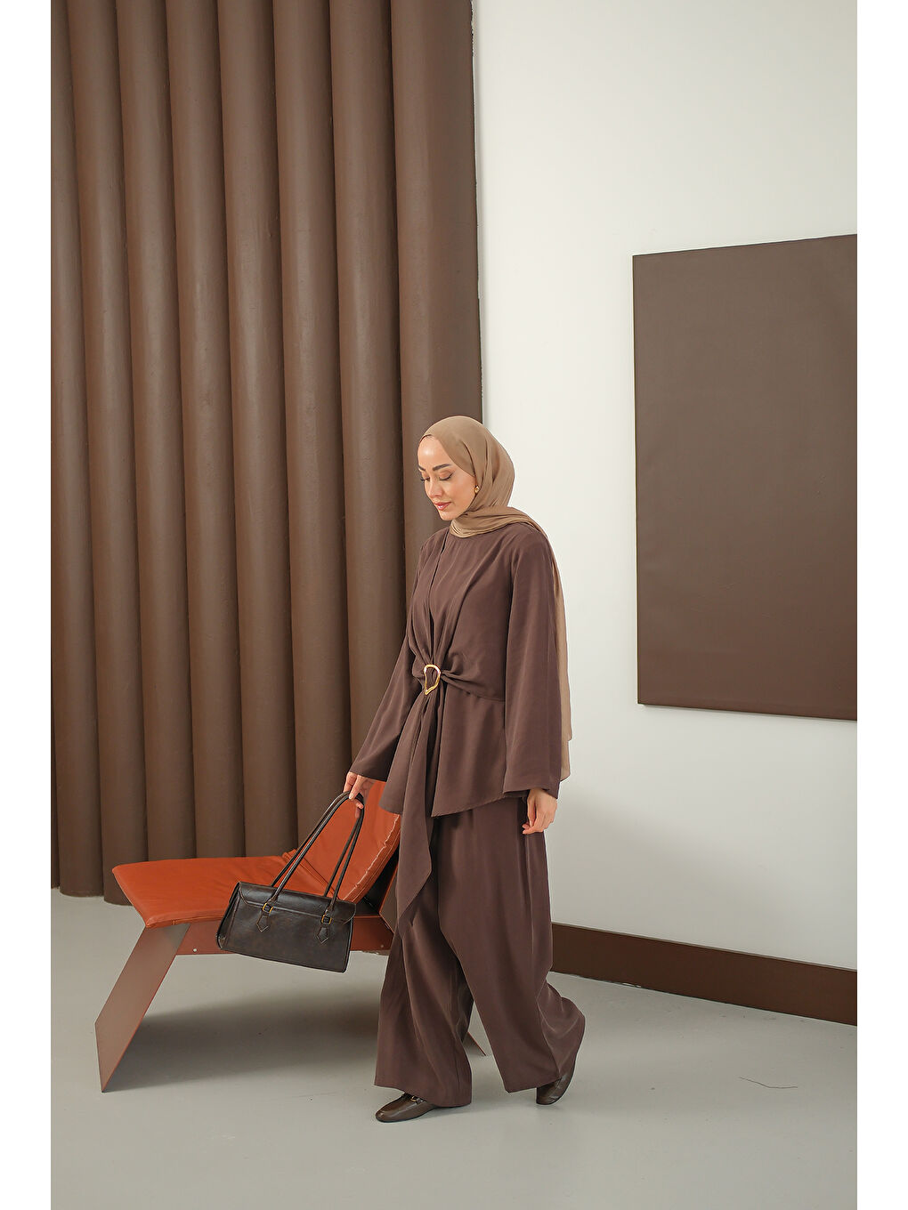 Kadın Gold Kemer Detay Takım Kahverengi-1