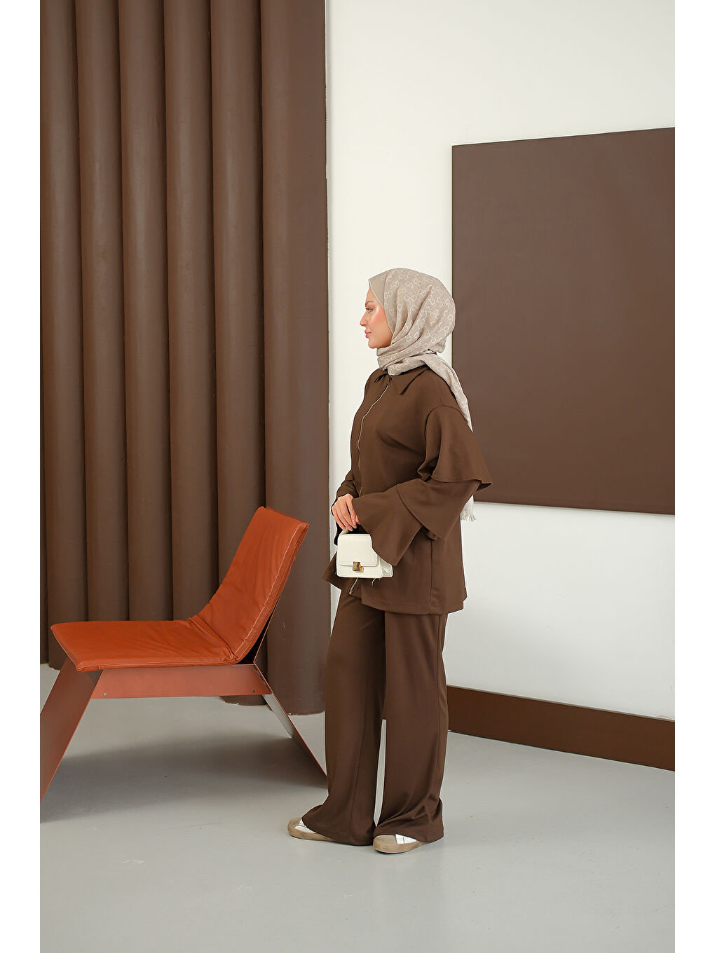 Kadın Kolları Fırfır Detay Takım Kahverengi-3