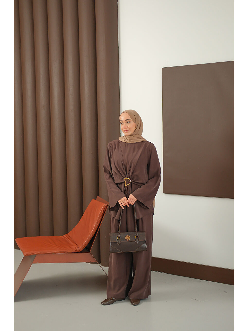 Kadın Gold Kemer Detay Takım Kahverengi-2