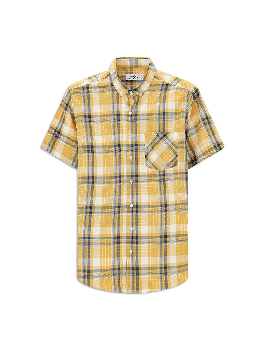 Sarı Kısa Kol Regular Fit Ekose Spor Düğmeli Yaka Pamuk %100 Pamuk Gömlek-5