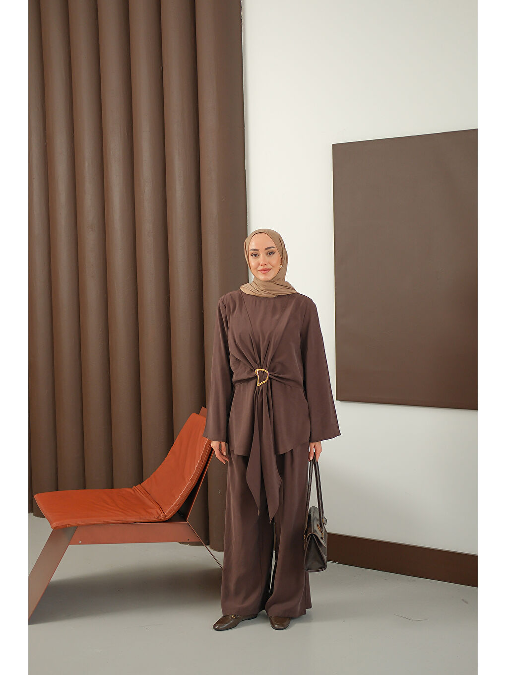Kadın Gold Kemer Detay Takım Kahverengi-3