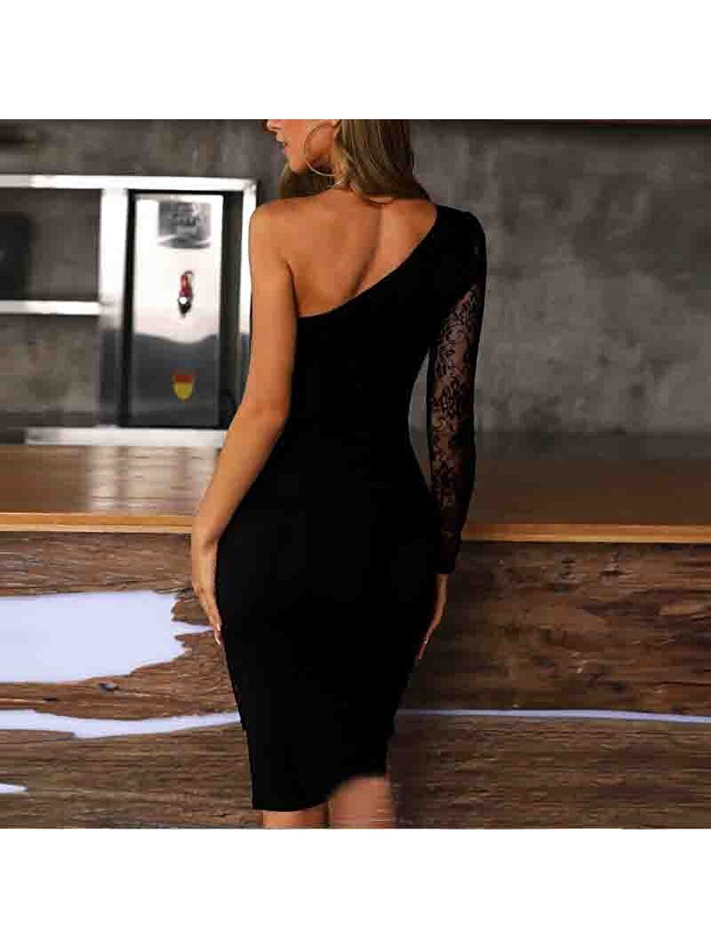 Kadın Siyah Tek Kol Dantel Detay Omuz Dekolte Krep Elbise-3