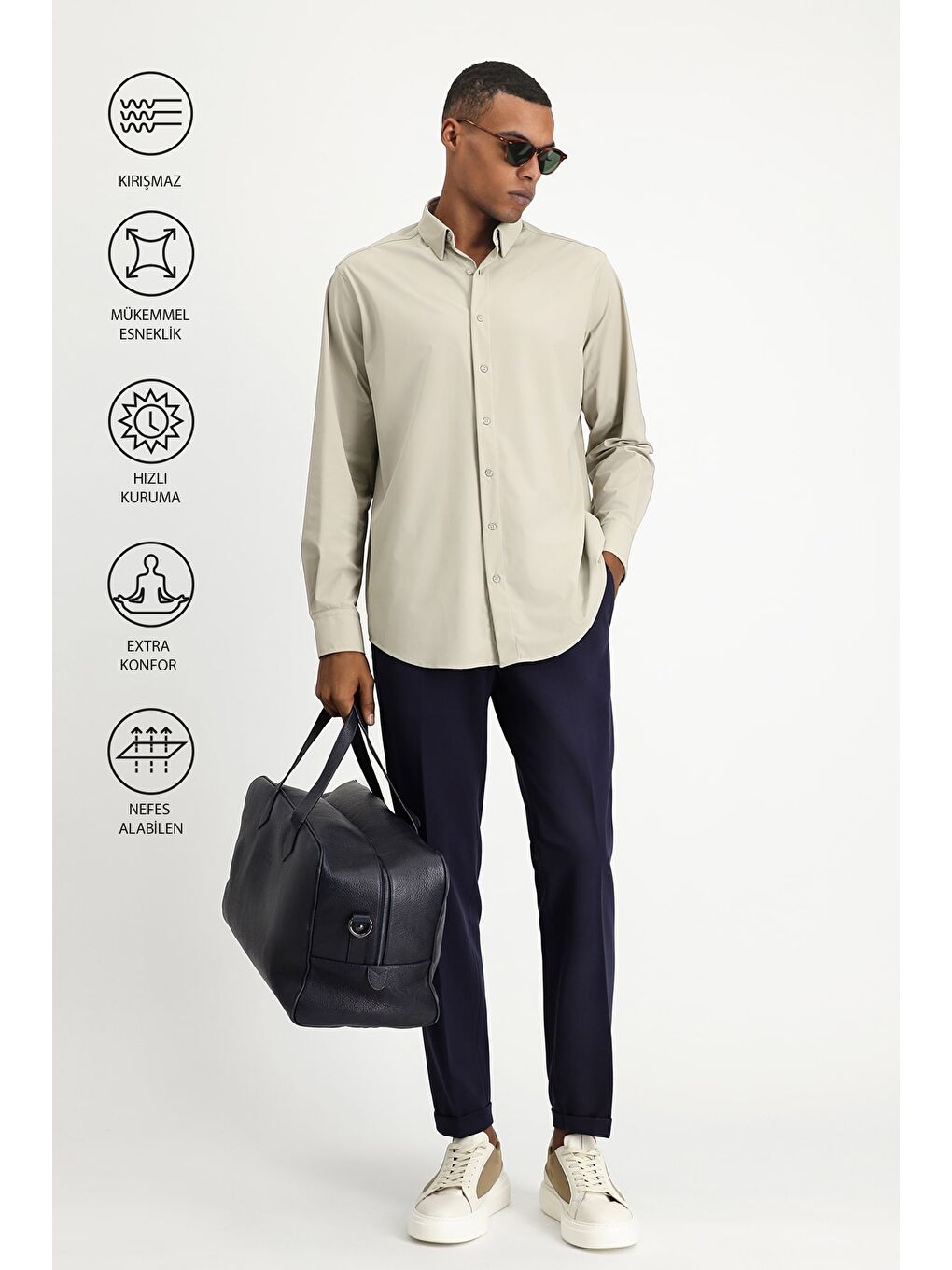 Bej Techno-Line Uzun Kol Regular Fit Elastanlı Gömlek