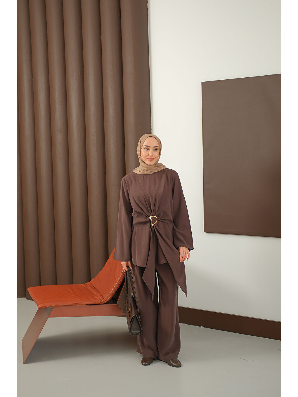 Kadın Gold Kemer Detay Takım Kahverengi-4