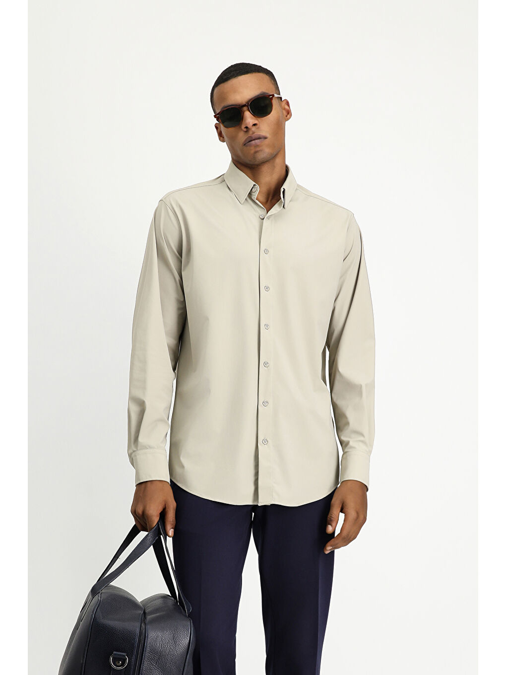 Bej Techno-Line Uzun Kol Regular Fit Elastanlı Gömlek-1