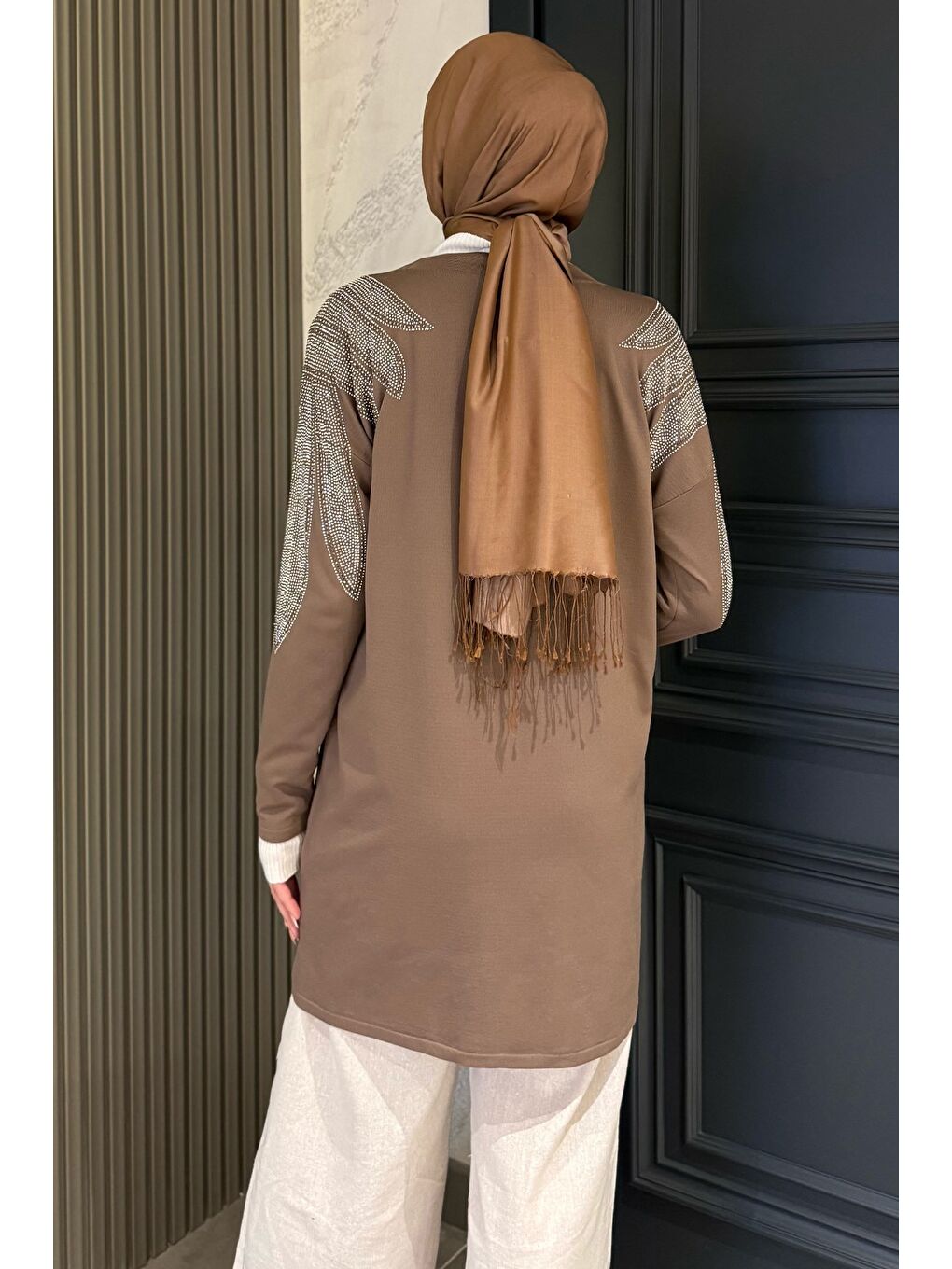 Bej Omuz Taşlı Tesettür Triko Hırka-6