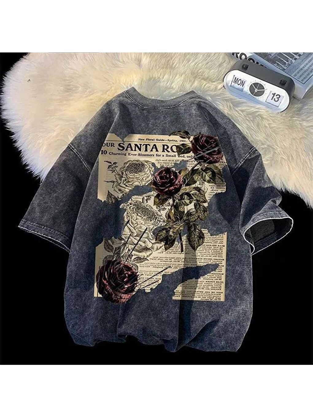 Touz Moda Antrasit Yıkamalı Streetwear Rose Baskılı Unisex Oversize Vintage T-shirt