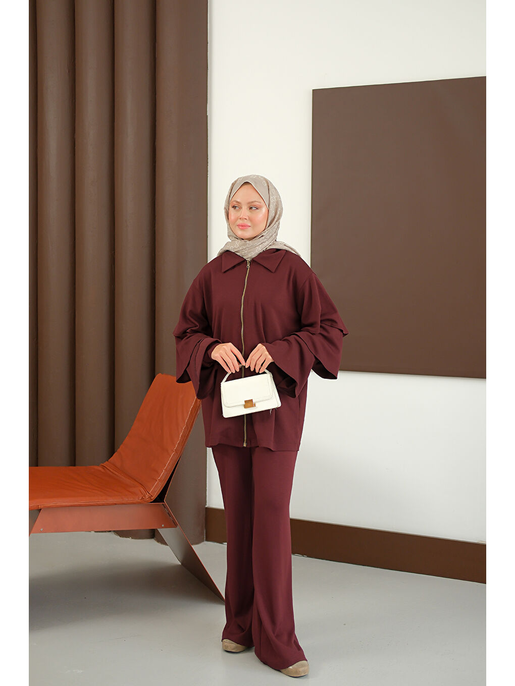 Kadın Kolları Fırfır Detay Takım Bordo-2