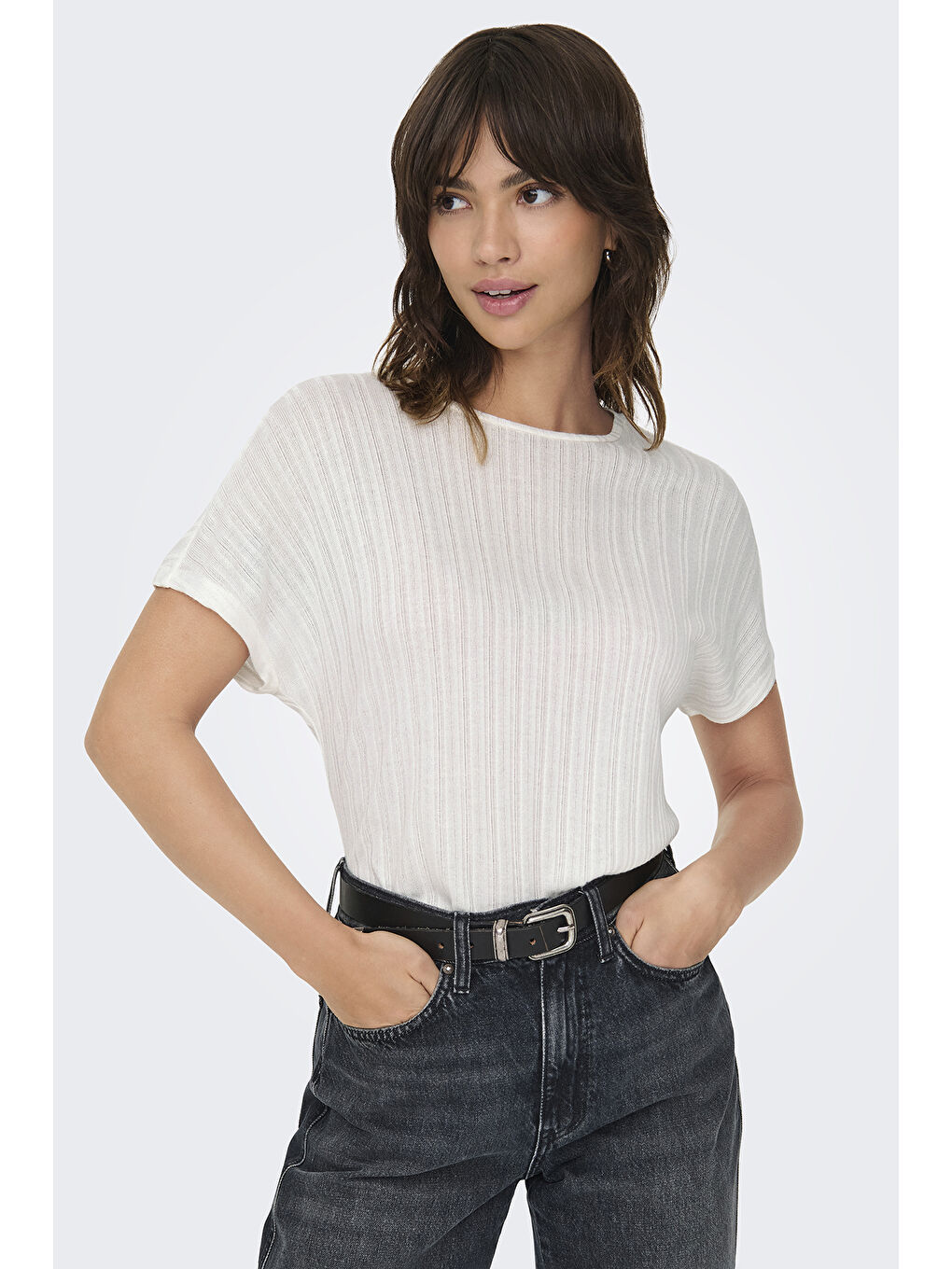 Ekru Onlirina Relaxed Fit Bisiklet Yaka Kadın T Shirt 15349079-2