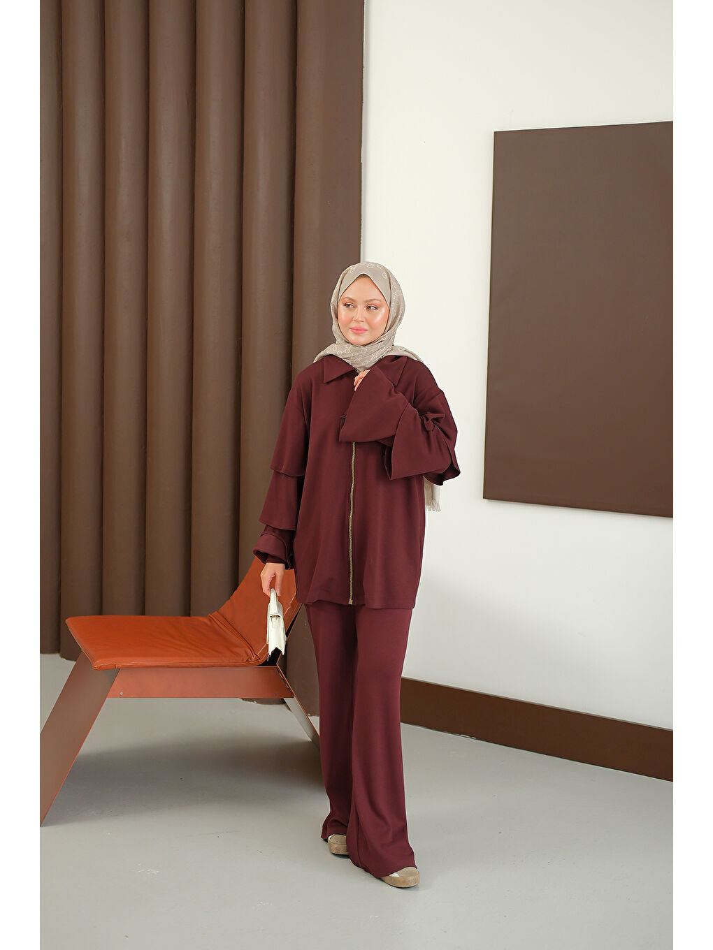 Kadın Kolları Fırfır Detay Takım Bordo-3