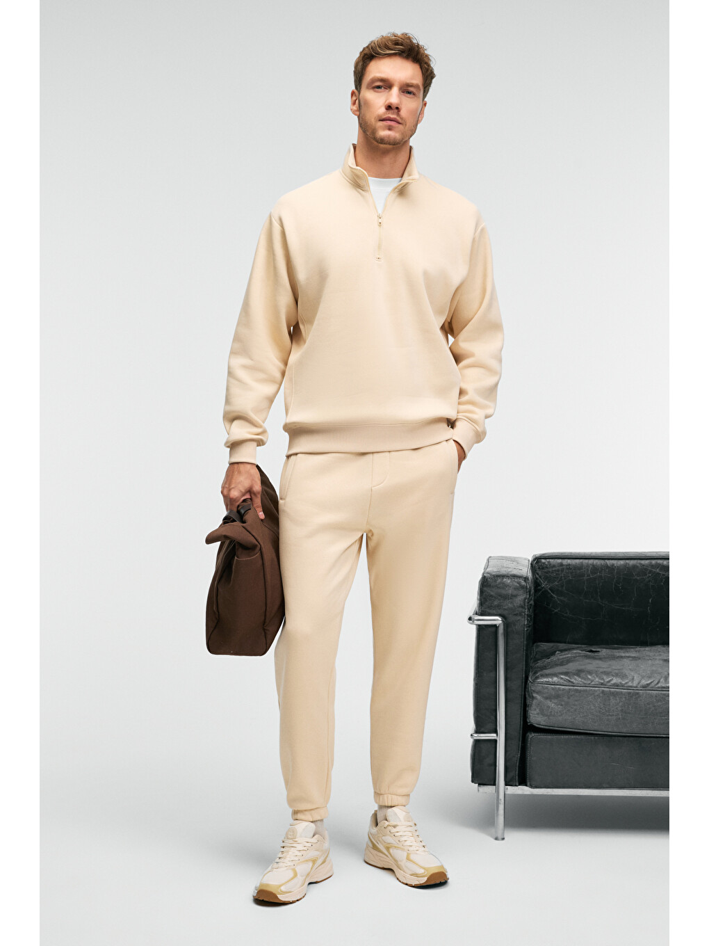 Bej BAXTER Erkek Dik Yakalı Fermuarlı Relaxed VANİLYA Sweatshirt-1