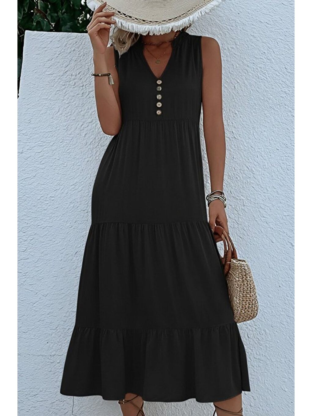 Siyah Kadın Askılı V Yakalı önden Düğmeli Midi Viskon Elbise-2