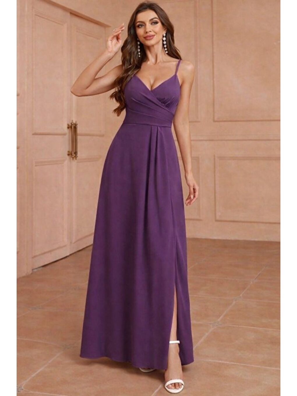 Mor Kadın Ip Askılı Kruvaze Yakalı Yırtmaçlı Uzun Ithal Krep Elbise