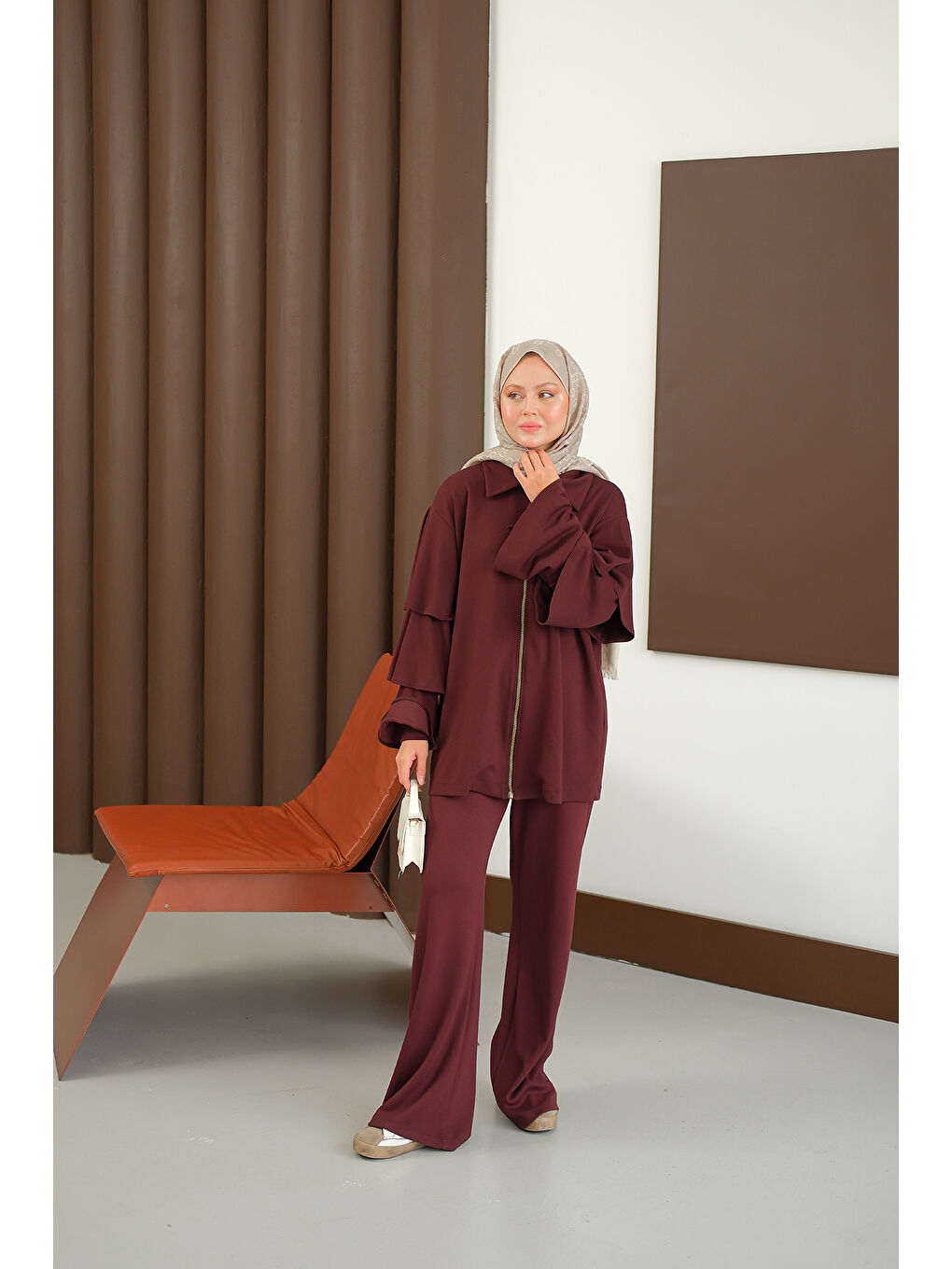 Kadın Kolları Fırfır Detay Takım Bordo-4