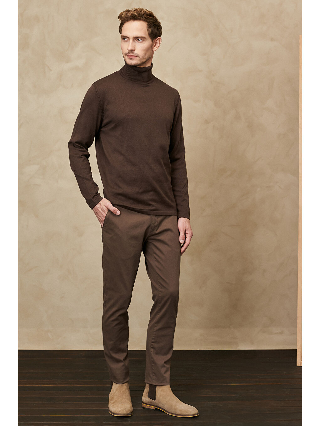 Bej Erkek Vizon Slim Fit Dar Kesim Esnek Chino Pantolon