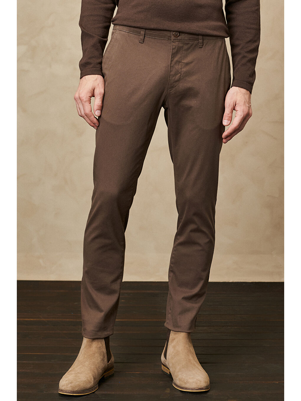 Bej Erkek Vizon Slim Fit Dar Kesim Esnek Chino Pantolon-1