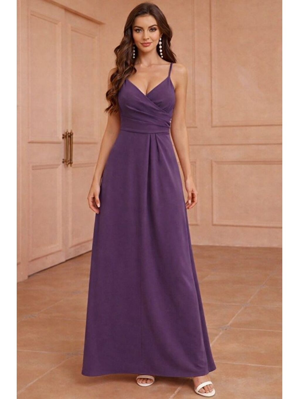 Mor Kadın Ip Askılı Kruvaze Yakalı Yırtmaçlı Uzun Ithal Krep Elbise-1