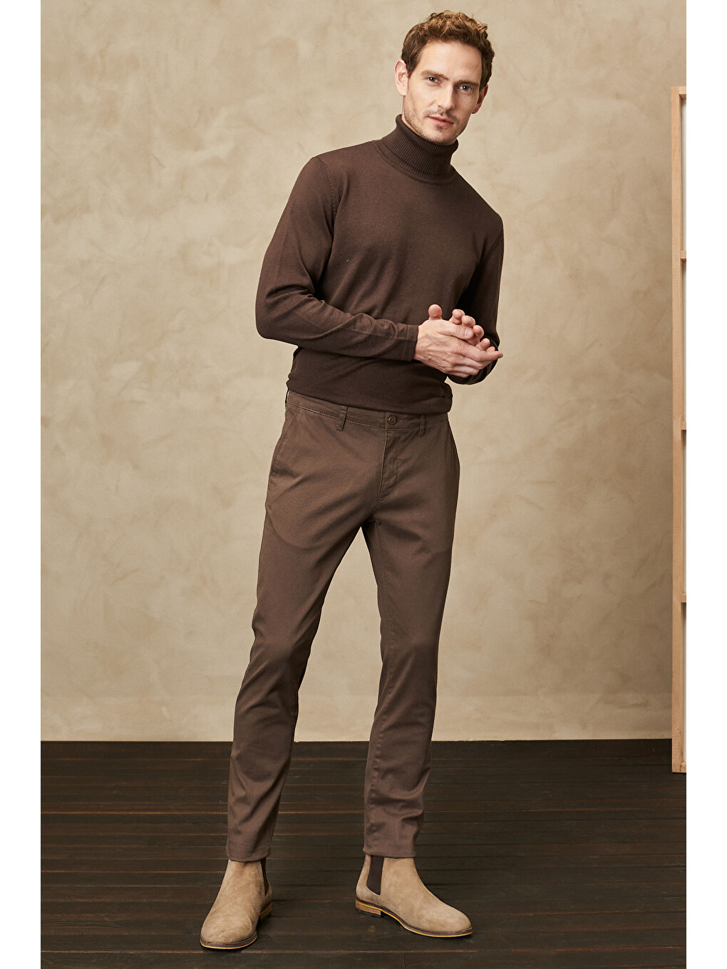 Bej Erkek Vizon Slim Fit Dar Kesim Esnek Chino Pantolon-2