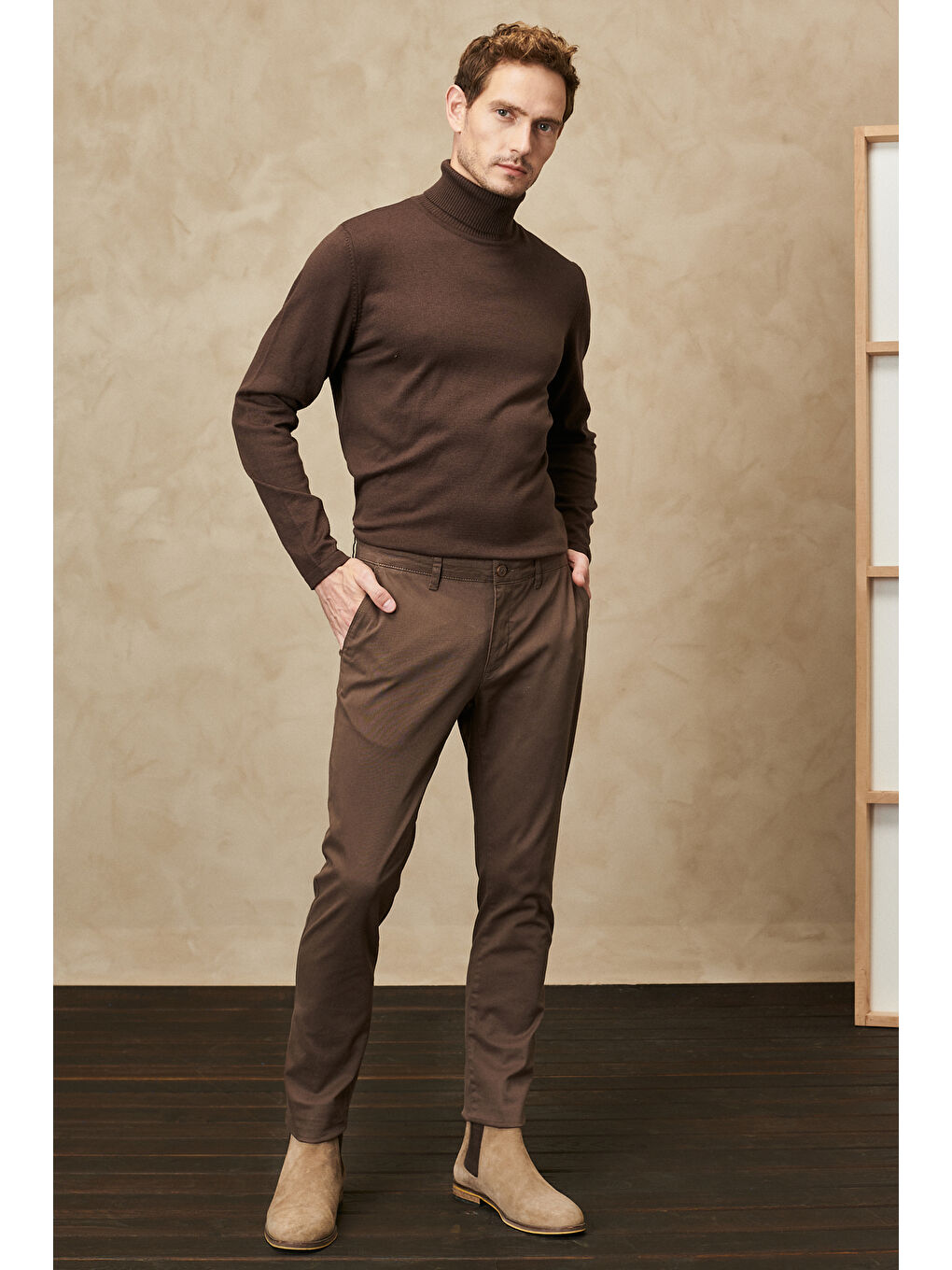 Bej Erkek Vizon Slim Fit Dar Kesim Esnek Chino Pantolon-3