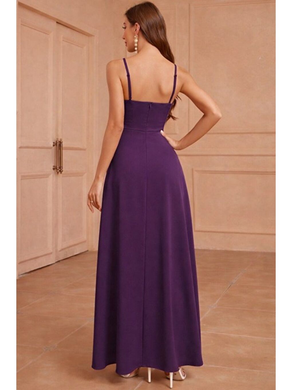 Mor Kadın Ip Askılı Kruvaze Yakalı Yırtmaçlı Uzun Ithal Krep Elbise-2